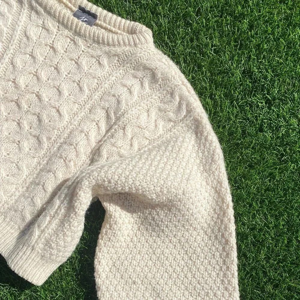 90s Vintage Ivory Cropped Wool Fishermans Sweater XS / Small / Medium Women’s